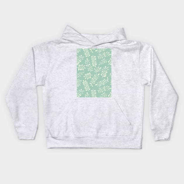 Painted Leaves - a pattern in cream on soft mint green Kids Hoodie by micklyn